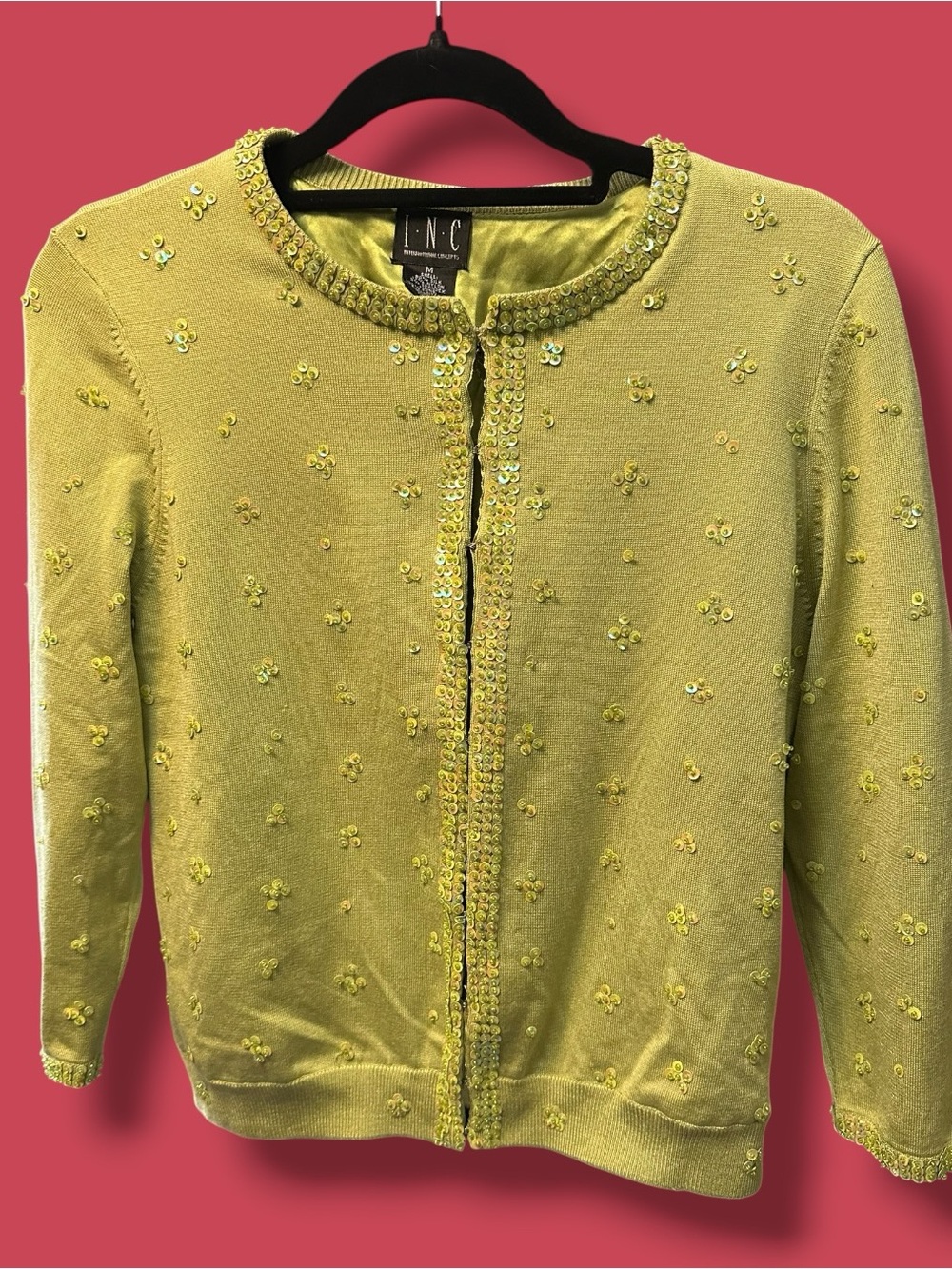 INC Yellow Lime Sequin-Embellished Crewneck Cardigan